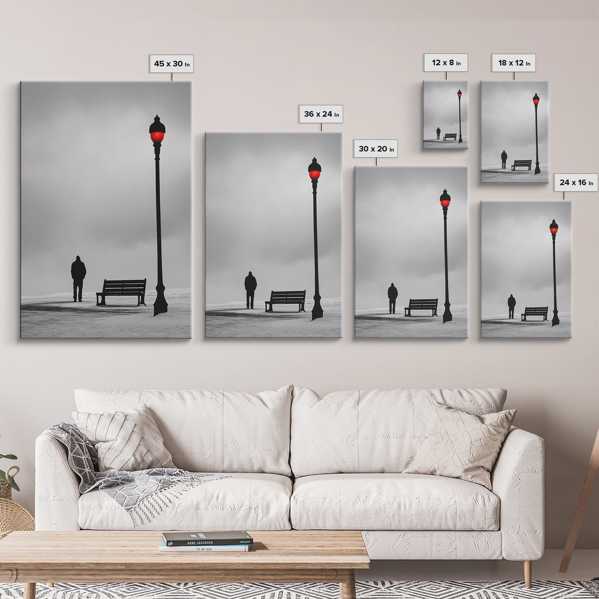 Red Street Lamp, Snowy Walkway, Silhouette Scene, Framed Canvas Print, Moody Wall Art, Minimalist Decor, Winter Vibes, Bedroom Accent