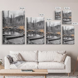 Forest Pond, Moody Woods, Black and White, Autumn Grass, Framed Canvas Print rustic cabin art, nature wall decor, woodland living room art