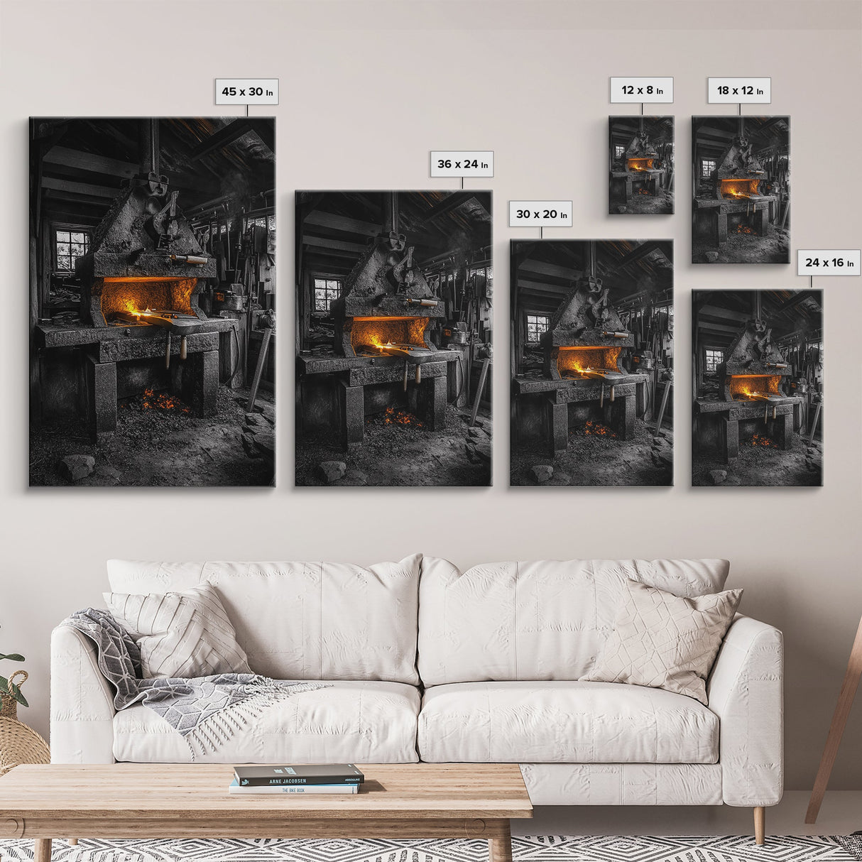 Forge Fire, Rustic Workshop, Industrial Heat, Metal Craft, Framed Canvas Print blacksmith decor, man cave wall art, moody workshop vibe