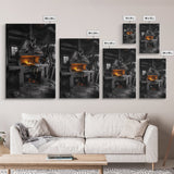 Forge Fire, Rustic Workshop, Industrial Heat, Metal Craft, Framed Canvas Print blacksmith decor, man cave wall art, moody workshop vibe