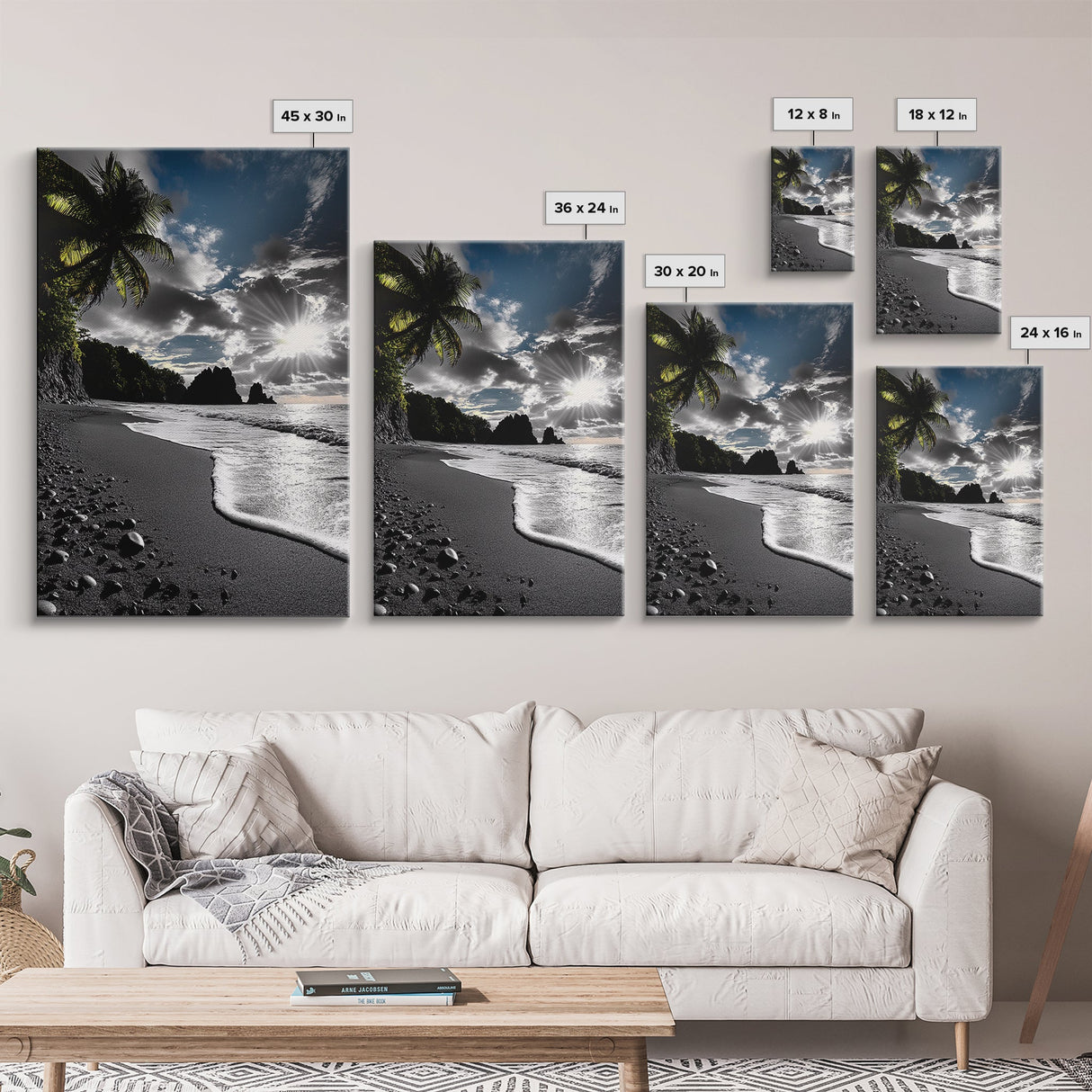Sunset Beach, Rocky Coast, Dramatic Sky, Bold Light, Framed Canvas Print tropical sunset wall art, beach photography, bathroom decor