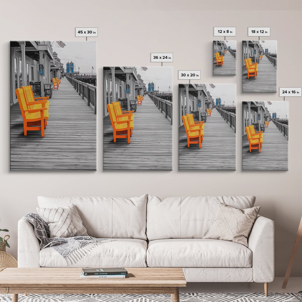 Boardwalk Chairs, Orange Seating, Coastal Town, Wooden Path, Framed Canvas Print beach town photography, nautical home decor, coastal art
