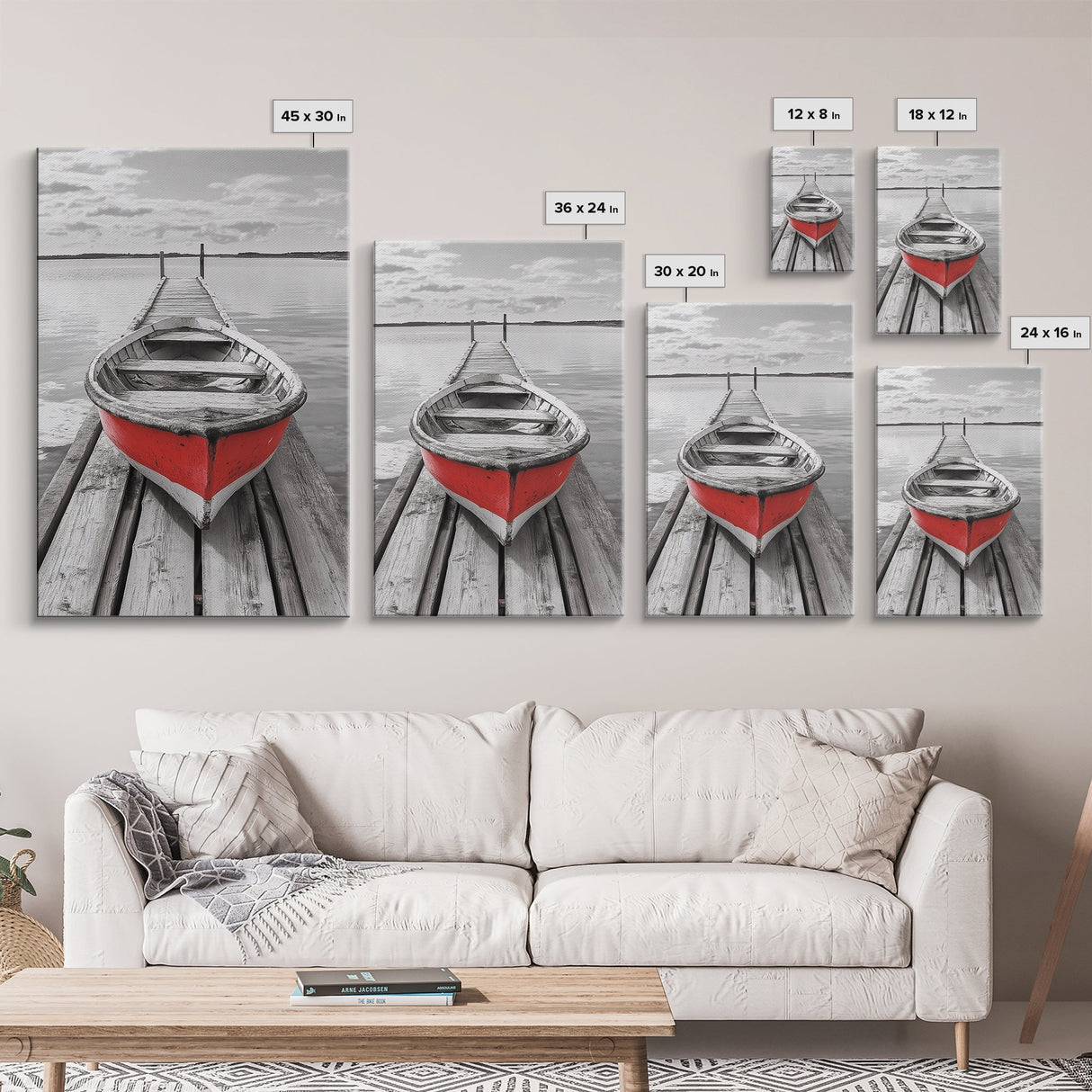Red Rowboat, Dock Stillness, Minimalist Lake Scene, Canvas Print, Nautical Wall Art, Bathroom Decor, Tranquil Seascape, Coastal Aesthetic