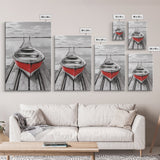 Red Rowboat, Dock Stillness, Minimalist Lake Scene, Canvas Print, Nautical Wall Art, Bathroom Decor, Tranquil Seascape, Coastal Aesthetic