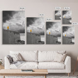 Yellow Raincoat, Ocean Storm, Moody Skies, Framed Canvas Print, Minimalist Wall Art, Coastal Entryway Decor, Contemplative Scene