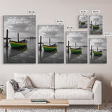 Green Yellow Boat, Serene Reflection, Dockside Calm, Framed Canvas Print, Coastal Bedroom Decor, Minimal Nautical Wall Art