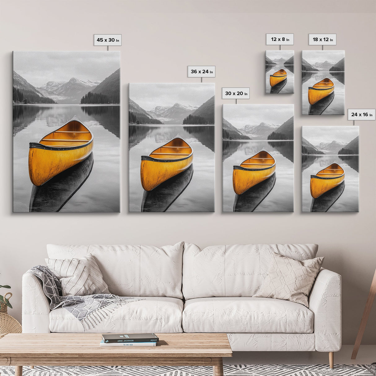 Yellow Canoe Lake, Misty Mountain Art, Canvas Print, Adventure Decor, Cabin Living Wall Art, Rustic Landscape Photo
