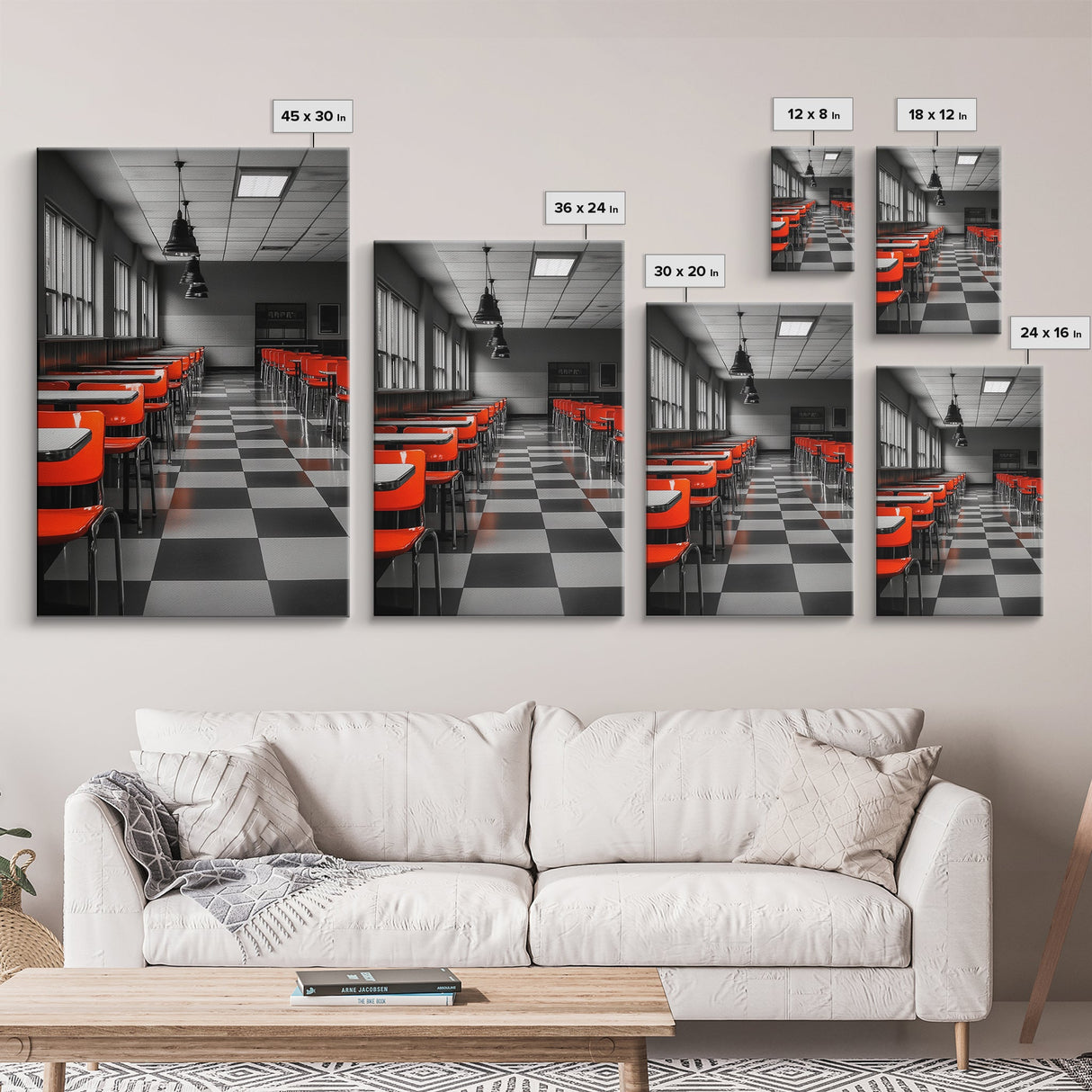 Retro Cafeteria, Red Chairs, Midcentury Modern Art, Canvas Print, Black and White Pop Art, Kitchen Wall Decor, Industrial Style