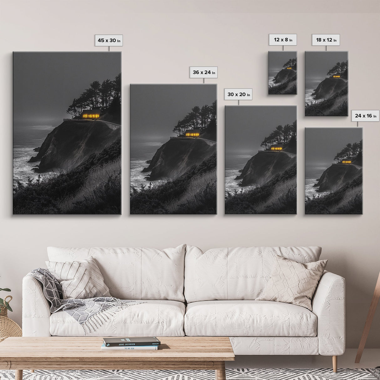 Cabin on Cliff, Moody Coastal Art, Glowing Window, Sunset Seascape, Framed Canvas Print, Minimalist Landscape, Living Room Wall Art