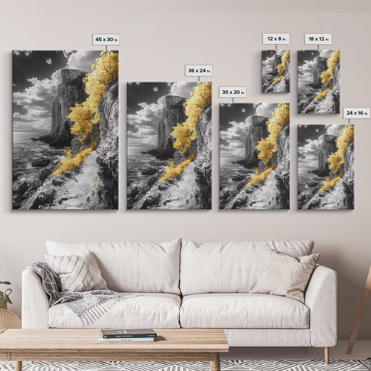 Golden Trees, Dramatic Cliff Path, Ocean Horizon, Nature Escape, Framed Canvas Print, Rustic Wall Art, Autumn Decor, Entryway Art