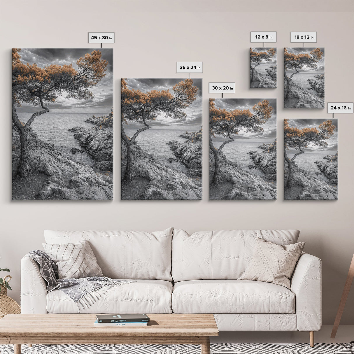Coastal Tree, Ocean Horizon, Windswept Shoreline, Tranquil Mood, Framed Canvas Print, Minimalist Wall Art, Neutral Tones, Zen Decor