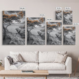 Coastal Tree, Ocean Horizon, Windswept Shoreline, Tranquil Mood, Framed Canvas Print, Minimalist Wall Art, Neutral Tones, Zen Decor