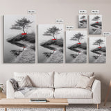 Red Bench, Misty Shore, Solitude Scene, Moody Fog Art, Framed Canvas Print, Minimalist Wall Art, Meditative Decor, Entryway Accent