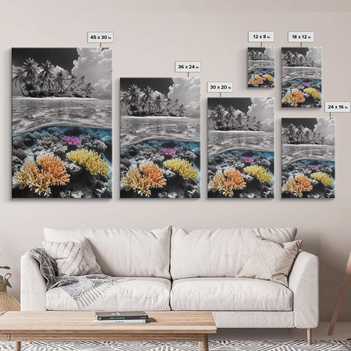 Island View, Coral Reef, Overwater Split Scene, Framed Canvas Print, Coastal Wall Art, Beach House Decor, Ocean Landscape Art