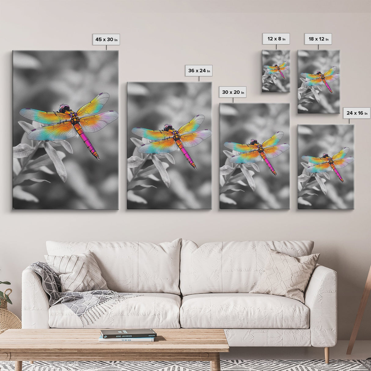 Rainbow Dragonfly, Vibrant Bug, Botanical Contrast, Framed Canvas Print, Nature Inspired Art, Bedroom Wall Decor, Whimsical Garden Accent