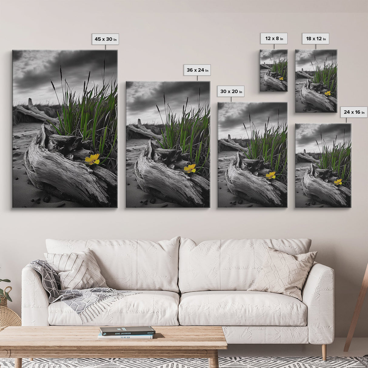 Wild Bloom, Yellow Flower, Driftwood and Grass, Moody Beach Scene, Framed Canvas Print, Autumn Wall Art, Nature Decor, Cozy Home Accent