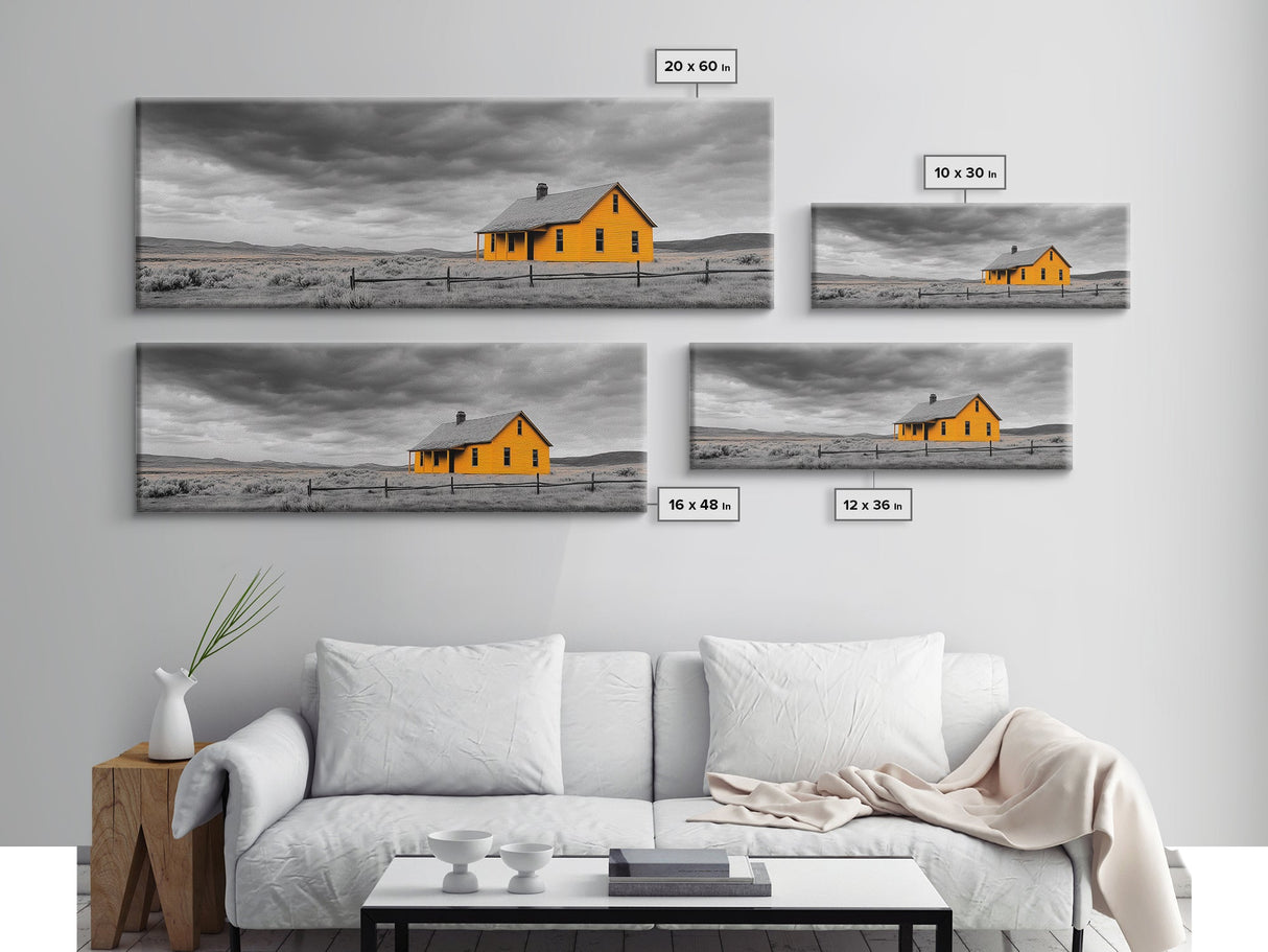 Yellow House, Stormy Sky, Minimalist Landscape, Rural Farmhouse, Framed Canvas Print, Rustic Wall Decor, Living Room Wall Art