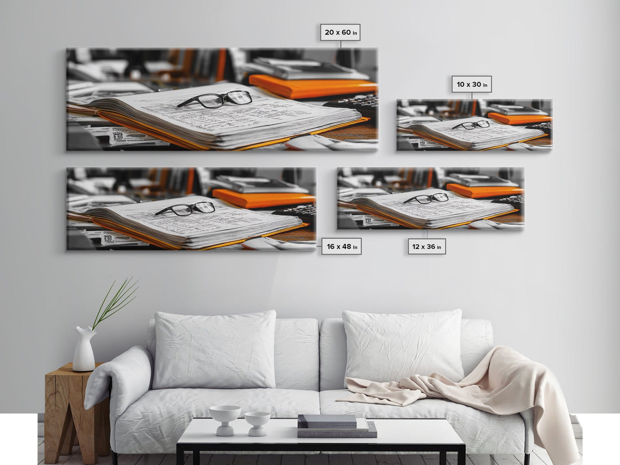 Open Book, Glasses, Orange Folders, Writer Desk, Framed Canvas Print, Study Room Wall Art, Vintage Academic Aesthetic