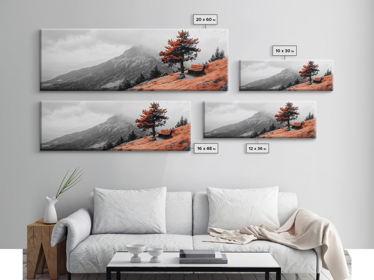 Scenic Bench, Autumn Hills, Serene Vista, Orange Tree — Framed Canvas Print, Minimalist Landscape Art, Fall Home Decor, Bedroom Wall Art