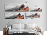 Scenic Bench, Autumn Hills, Serene Vista, Orange Tree — Framed Canvas Print, Minimalist Landscape Art, Fall Home Decor, Bedroom Wall Art