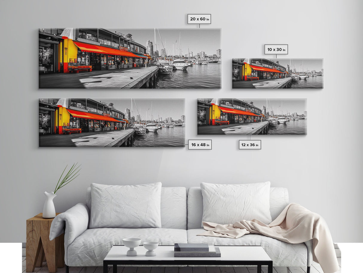 Waterfront Market, Urban Vibes, Boats and Shops, City Harbor — Framed Canvas Print, Kitchen Wall Art, Modern Cityscape, Vibrant Wall Decor