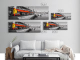 Waterfront Market, Urban Vibes, Boats and Shops, City Harbor — Framed Canvas Print, Kitchen Wall Art, Modern Cityscape, Vibrant Wall Decor