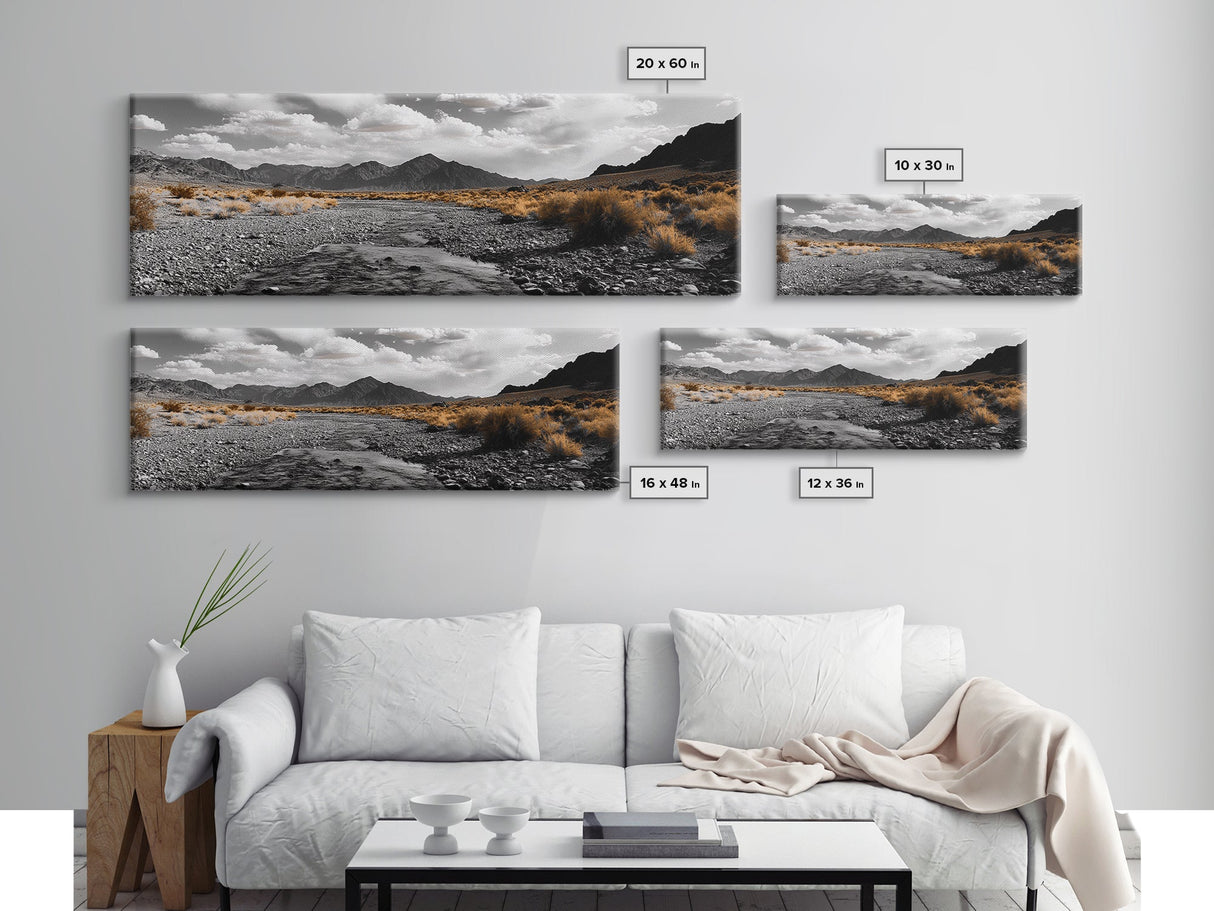 Desert Creek, Rugged Mountains, Golden Shrubs, Nature Path — Framed Canvas Print, Autumn Wall Decor, Rustic Office Art, Landscape Canvas