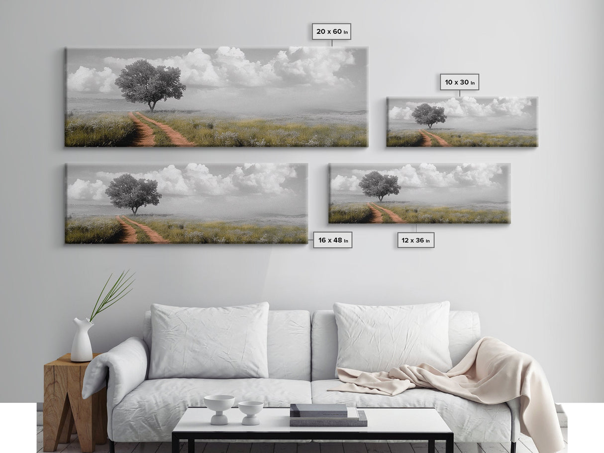 Lone Tree, Meadow Path, Dreamy Field, Cloudy Sky, Framed Canvas Print, Calm Decor, Entryway Wall Art, Soft Focus Nature