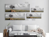 Lone Tree, Meadow Path, Dreamy Field, Cloudy Sky, Framed Canvas Print, Calm Decor, Entryway Wall Art, Soft Focus Nature