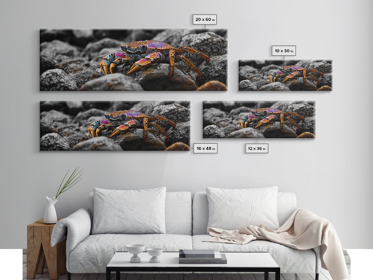 Rainbow Crab, Coastal Creature, Ocean Life, Vibrant Nature, Framed Canvas Print, Bathroom Wall Art, Coastal Home Decor