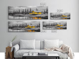 Yellow Cabin, Forest River View, Wilderness Retreat, Framed Canvas Print, Rustic Wall Art, Lodge Decor, Cozy Nature Landscape Style