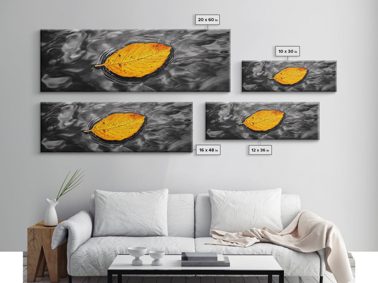 Floating Autumn Leaf, Orange Leaf on Water, Framed Canvas Print, Fall Bathroom Wall Art, Nature Closeup Photography, Minimalist Decor