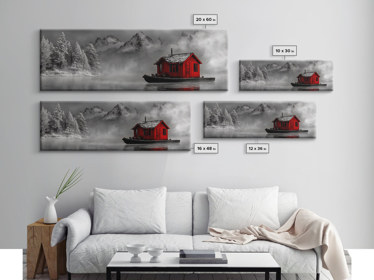 Red Cabin in Fog, Mountain Lake Boat House, Canvas Print, Winter Lodge Wall Art, Moody Nature Decor, Black and White Landscape Art