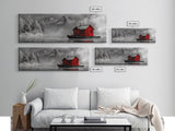 Red Cabin in Fog, Mountain Lake Boat House, Canvas Print, Winter Lodge Wall Art, Moody Nature Decor, Black and White Landscape Art