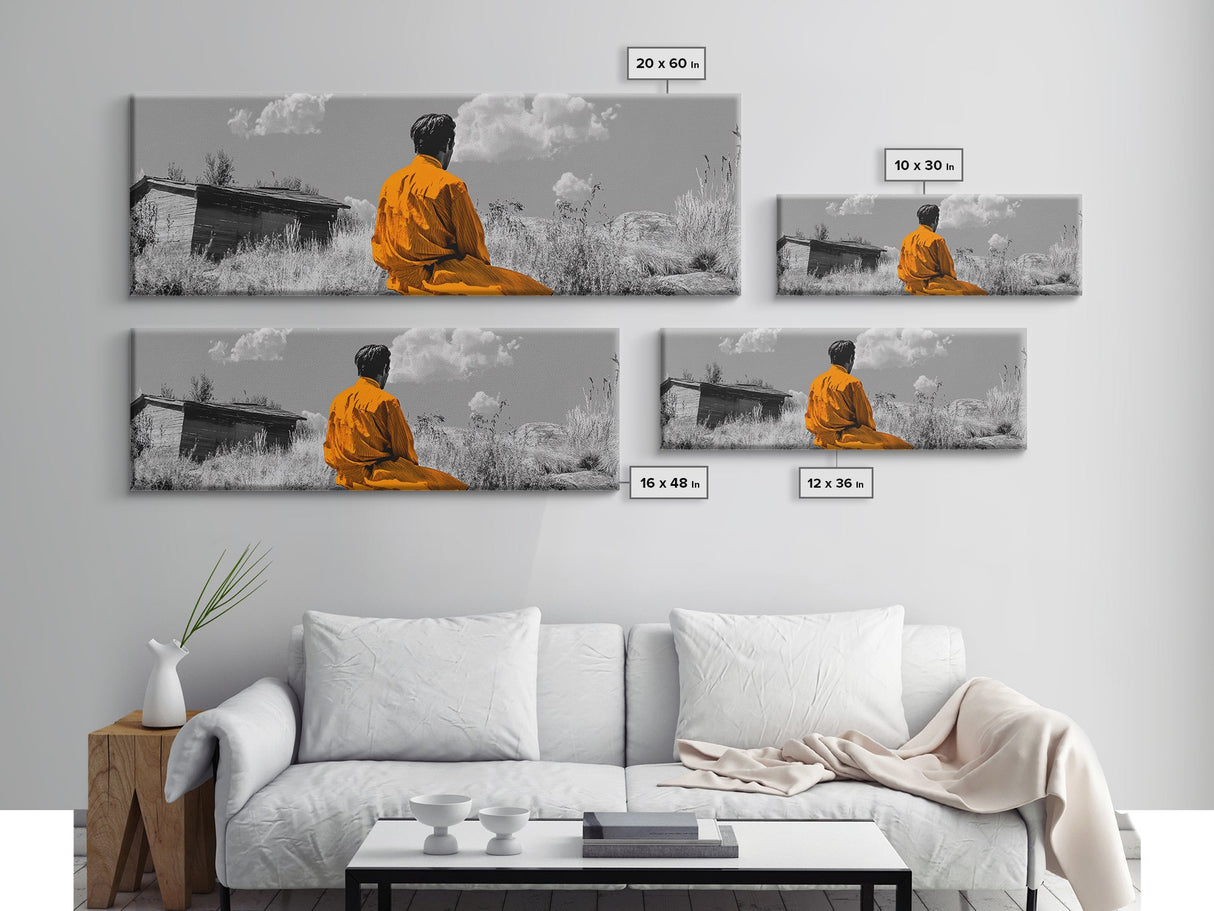 Solitude in Nature, Orange Robe Figure, Mindful Meditation Scene, Canvas Print, Boho Landscape, Zen Room Wall Art, Office Wall Decor