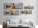 Solitude in Nature, Orange Robe Figure, Mindful Meditation Scene, Canvas Print, Boho Landscape, Zen Room Wall Art, Office Wall Decor
