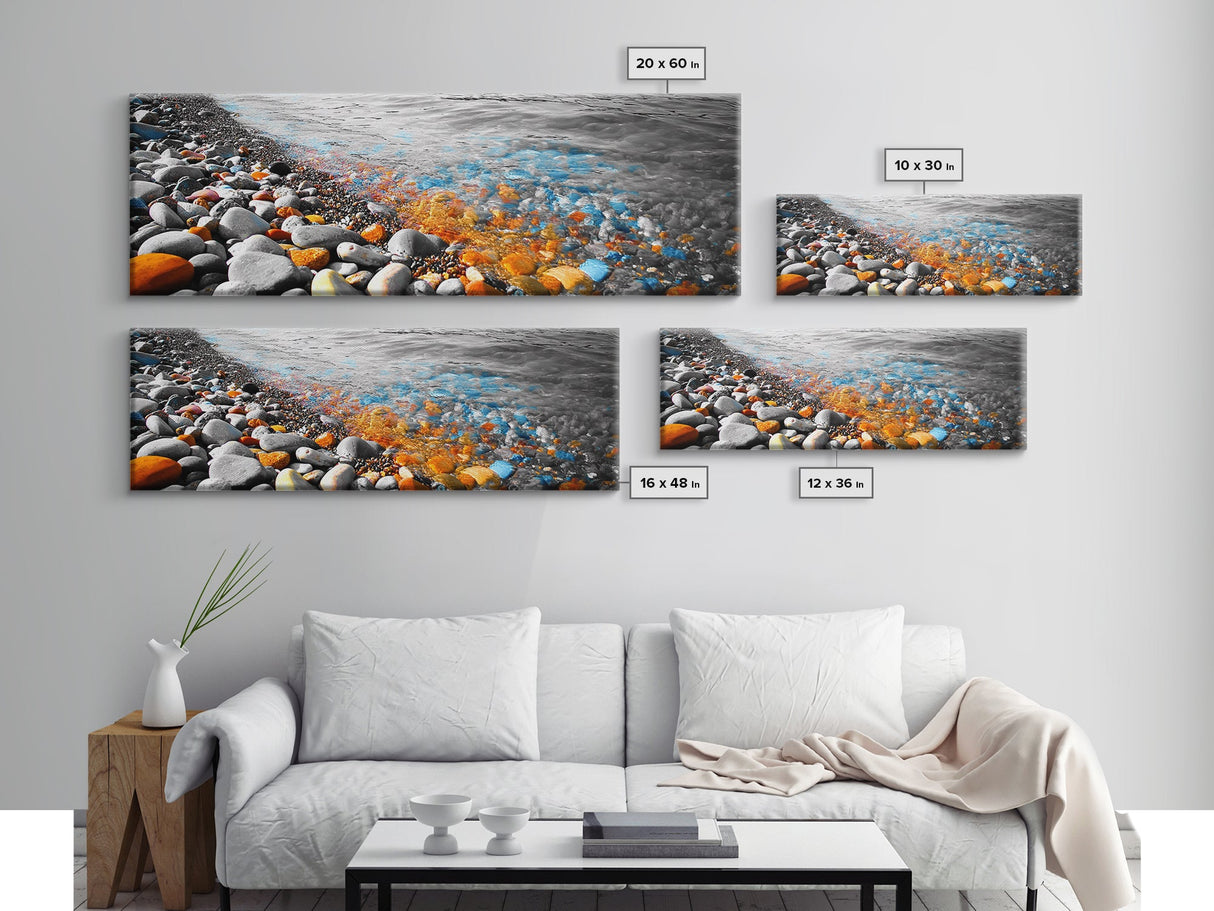 Colorful Pebble Shore, Vibrant Lake Stones, Blue Orange Rocks, Framed Canvas Print, Boho Coastal Style, Bathroom Wall Art