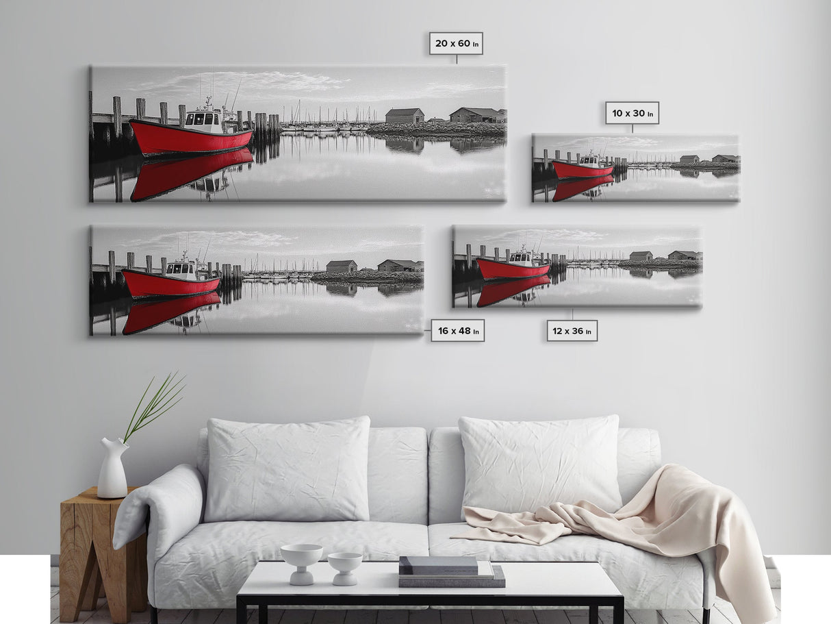 Red Fishing Boat, Harbor Reflection Scene, Calm Dockside Water, Framed Canvas Print, Nautical Art, Living Room Wall Decor