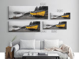 Yellow Rowboat Scene, Misty Coastal Landscape, Abandoned Boat Art, Framed Canvas Print, Rustic Nautical, Office Wall Art