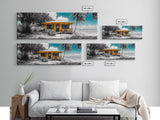 Beach House, Tropical Paradise, Yellow Cabin, Oceanfront View, Framed Canvas Print, Living Room Wall Art, Coastal Home Aesthetic
