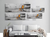 Beach Chair, Coastal Solitude, Striped Fabric, Seaside Calm, Framed Canvas Print, Minimalist Wall Art, Beach House Decor