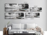 Tropical Boat, Deserted Beach, Palms and Clouds, Ocean Peace, Framed Canvas Print, Boho Wall Art, Bedroom Decor, Seaside Minimalism