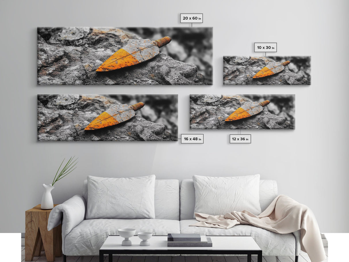 Tribal Blade, Ancient Weapon, Stone Texture, Orange Detail, Framed Canvas Print, Masculine Wall Art, Rustic Decor, Warrior Vibes