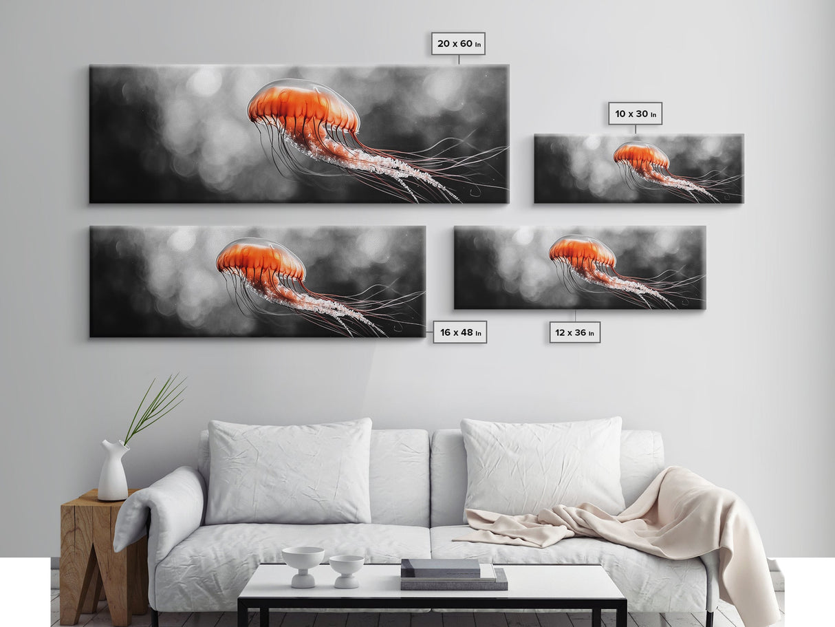 Jellyfish Glow, Ocean Depths, Abstract Sea Life, Framed Canvas Print, marine animal art, coastal bathroom decor, modern underwater wall art