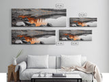 Orange Reflection Lake, Rocky Shoreline, Autumn Forest View, Canvas Print, Nature Photography, Rustic Wall Art, Cabin Living Room Decor