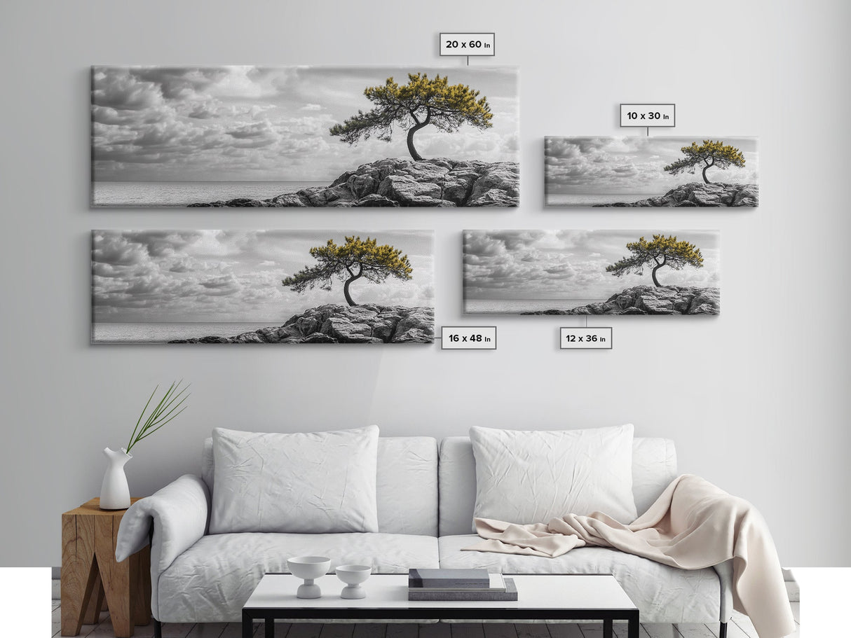 Lone Tree Cliff, Windy Ocean View, Golden Branches, Canvas Print, Moody Landscape Art, Neutral Tones, Office Wall Decor, Minimalist Style