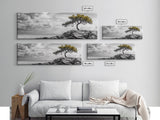 Lone Tree Cliff, Windy Ocean View, Golden Branches, Canvas Print, Moody Landscape Art, Neutral Tones, Office Wall Decor, Minimalist Style