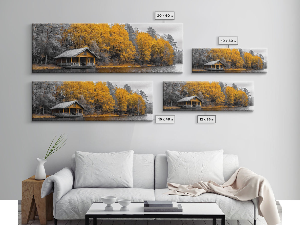 Fall Forest Cabin, Golden Autumn Trees, Riverside Retreat, Framed Canvas Print, Rustic Country Wall Art, Living Room Cabin Decor