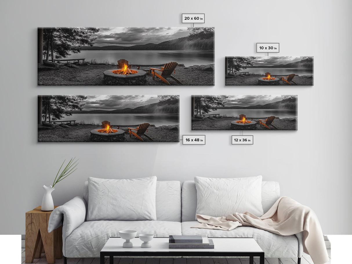 Campfire Chairs Lakeside, Cozy Autumn Vibes, Mountain Cabin View, Framed Canvas Print, Rustic Fall Wall Art, Living Room Fireplace Decor