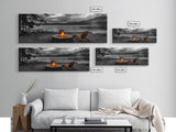 Campfire Chairs Lakeside, Cozy Autumn Vibes, Mountain Cabin View, Framed Canvas Print, Rustic Fall Wall Art, Living Room Fireplace Decor